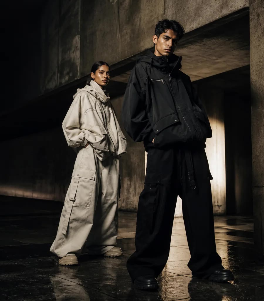 Two figures in a concrete underpass after dark